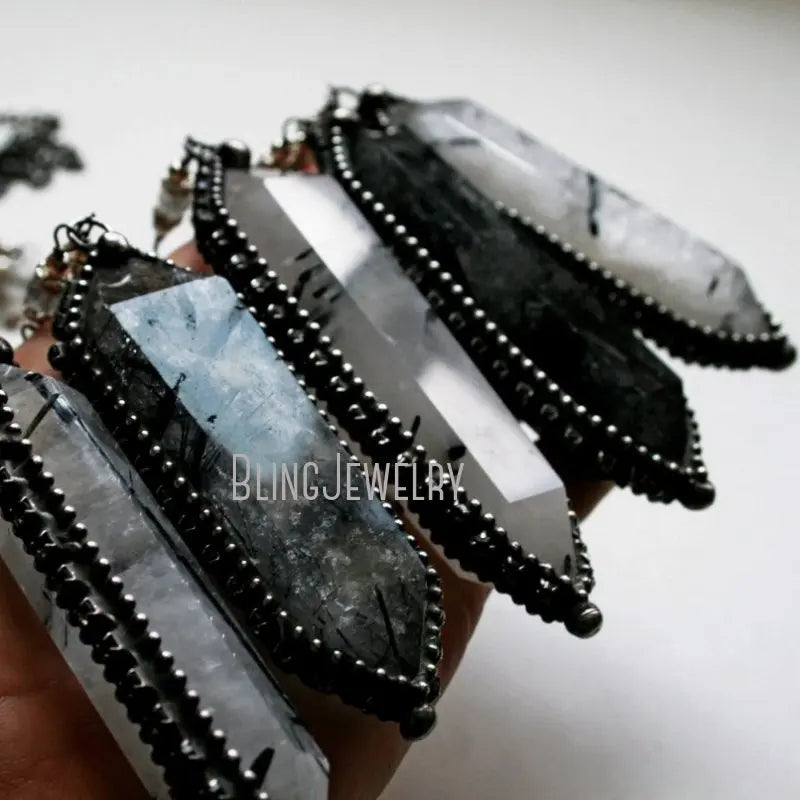 10pcs Witchcraft Tourmaline Rutilated Crystal Quartz Obelisk Pendulum Goth Necklace Women Wicca Talisman Halloween Emo Jewelry