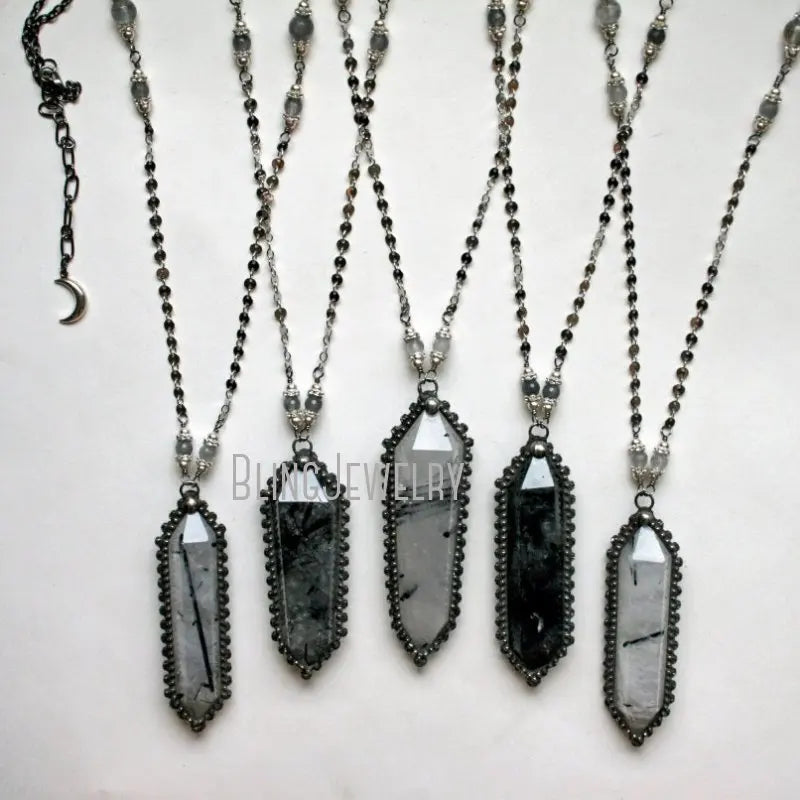 10pcs Witchcraft Tourmaline Rutilated Crystal Quartz Obelisk Pendulum Goth Necklace Women Wicca Talisman Halloween Emo Jewelry