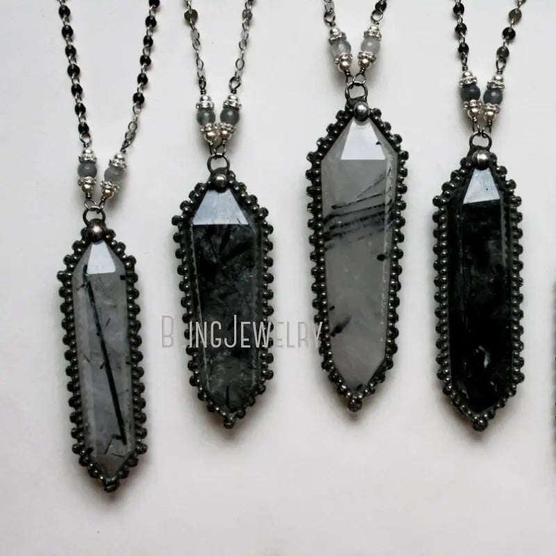 10pcs Witchcraft Tourmaline Rutilated Crystal Quartz Obelisk Pendulum Goth Necklace Women Wicca Talisman Halloween Emo Jewelry