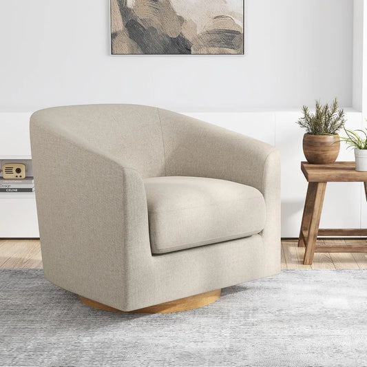 Swivel Accent Chair, Modern Upholstered Living Room Chair with Wooden Base & Arms, Fabric Swivel Barrel Curved Chair, Flax Beige