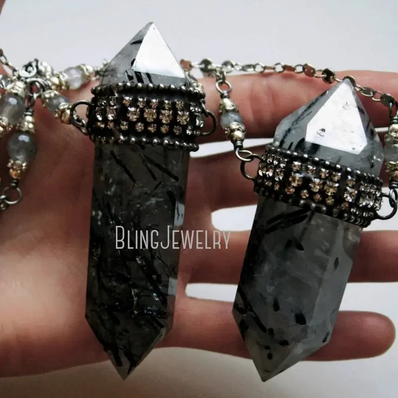 10pcs Witchcraft Tourmaline Rutilated Crystal Quartz Obelisk Pendulum Goth Necklace Women Wicca Talisman Halloween Emo Jewelry