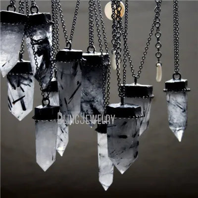 10pcs Witchcraft Tourmaline Rutilated Crystal Quartz Obelisk Pendulum Goth Necklace Women Wicca Talisman Halloween Emo Jewelry