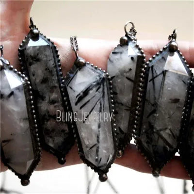 10pcs Witchcraft Tourmaline Rutilated Crystal Quartz Obelisk Pendulum Goth Necklace Women Wicca Talisman Halloween Emo Jewelry