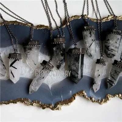 10pcs Witchcraft Tourmaline Rutilated Crystal Quartz Obelisk Pendulum Goth Necklace Women Wicca Talisman Halloween Emo Jewelry