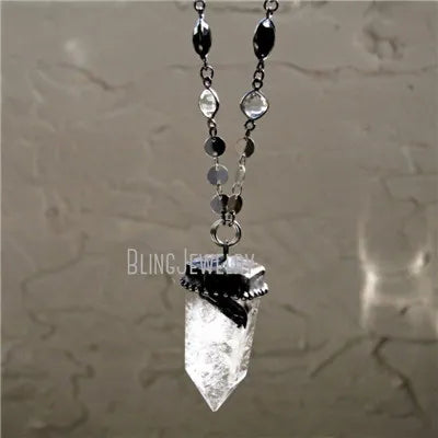 10pcs Witchcraft Tourmaline Rutilated Crystal Quartz Obelisk Pendulum Goth Necklace Women Wicca Talisman Halloween Emo Jewelry