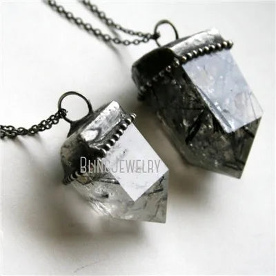 10pcs Witchcraft Tourmaline Rutilated Crystal Quartz Obelisk Pendulum Goth Necklace Women Wicca Talisman Halloween Emo Jewelry