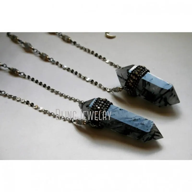 10pcs Witchcraft Tourmaline Rutilated Crystal Quartz Obelisk Pendulum Goth Necklace Women Wicca Talisman Halloween Emo Jewelry