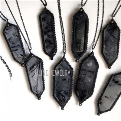 10pcs Witchcraft Tourmaline Rutilated Crystal Quartz Obelisk Pendulum Goth Necklace Women Wicca Talisman Halloween Emo Jewelry